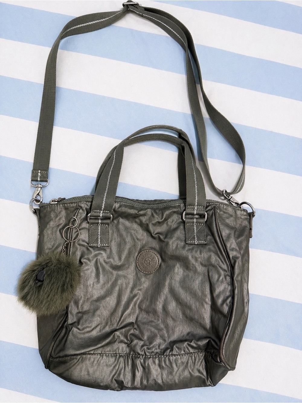 Kipling Olive Green Convertible Shoulder Tote with Pom Pom